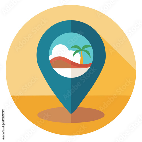Discover your dream tropical getaway, a palm-fringed beach awaits within this vibrant location marker design featuring flat, bold colors and a sun-drenched aesthetic.