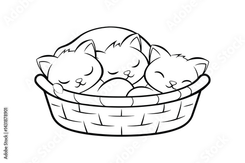 Three adorable kittens sleeping peacefully in a basket outline vector illustration for coloring pages or design