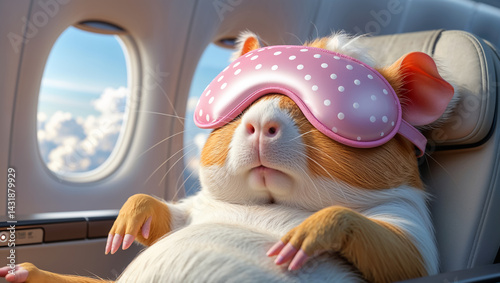 cute cartoon   guinea pig  sleeps with sleep mask on plane
