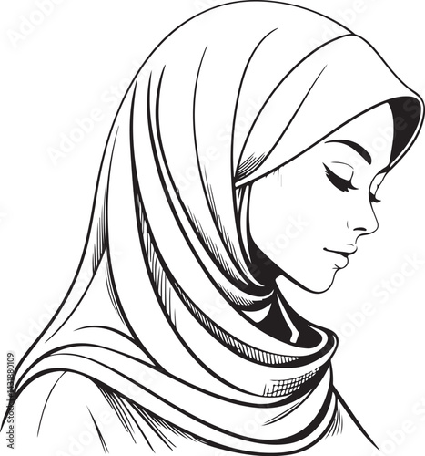 Muslim Woman in Hijab Abaja Islamic Country Black and White Vector Illustration, Sketch Drawing Line Linear Symbol Icon Engraving, Hand-drawn Isolated