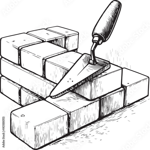 Bricks and trowel Construction and Building Black and White Vector Illustration, Sketch Drawing Line Linear Symbol Icon Engraving, Hand-drawn Isolated
