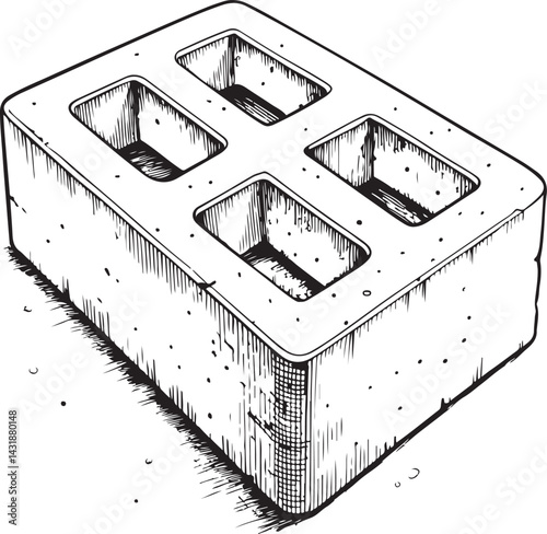 Concrete block brick Construction and Building Black and White Vector Illustration, Sketch Drawing Line Linear Symbol Icon Engraving, Hand-drawn Isolated