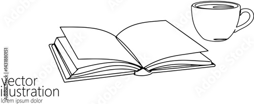 Open book with cup of coffee illustration. Pages are spread showing reading process. Education literature,or morning routines. Simple line art, top view, white background
