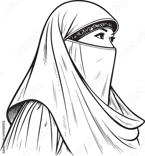 Niqab Muslim Woman Abaja Hijab Islamic Black and White Vector Illustration, Sketch Drawing Line Linear Symbol Icon Engraving, Hand-drawn Isolated