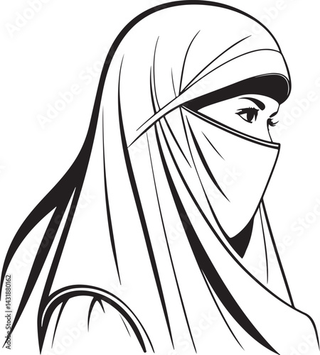 Niqab Muslim Woman Abaja Hijab Islamic Black and White Vector Illustration, Sketch Drawing Line Linear Symbol Icon Engraving, Hand-drawn Isolated