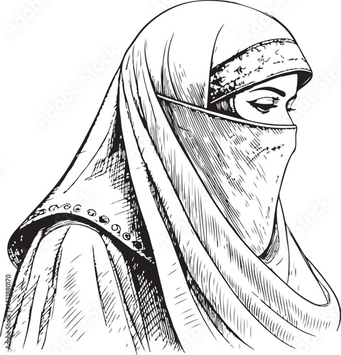 Niqab Muslim Woman Abaja Hijab Islamic Black and White Vector Illustration, Sketch Drawing Line Linear Symbol Icon Engraving, Hand-drawn Isolated