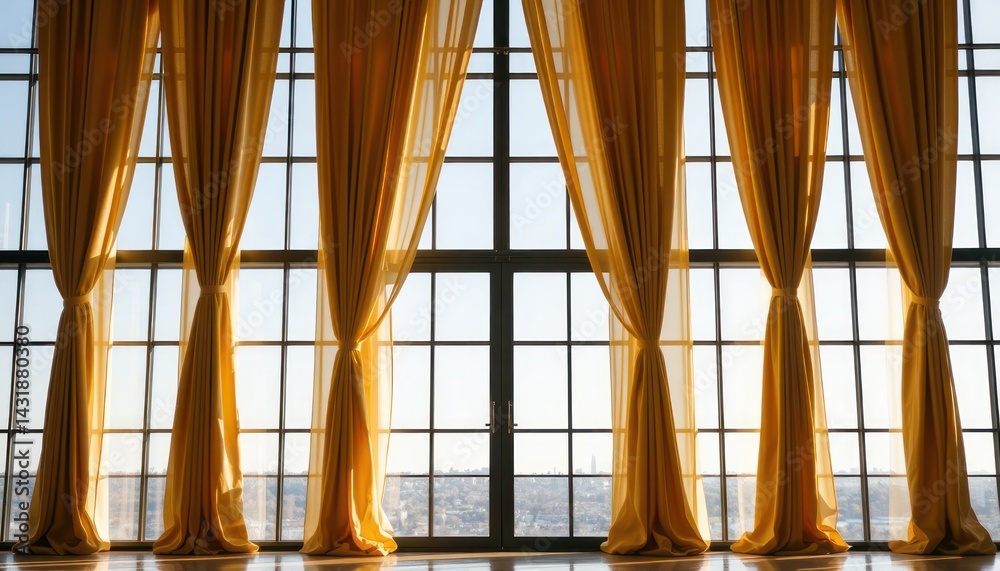 Obraz premium Golden drapes on large windows, city view