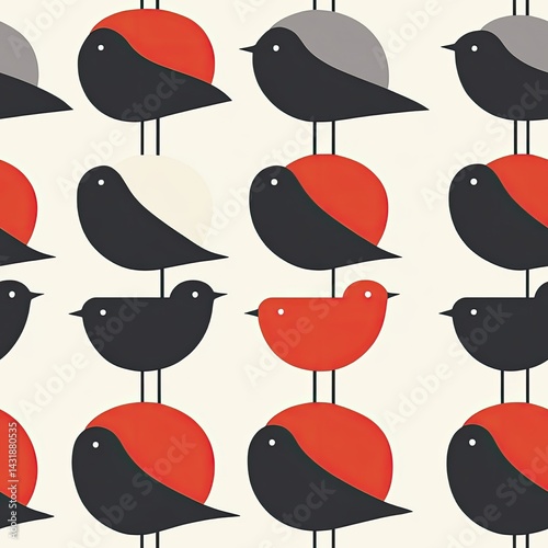 Geometric Bird Pattern: Colorful Avian Illustration with Red, Orange, and Gray Circles photo