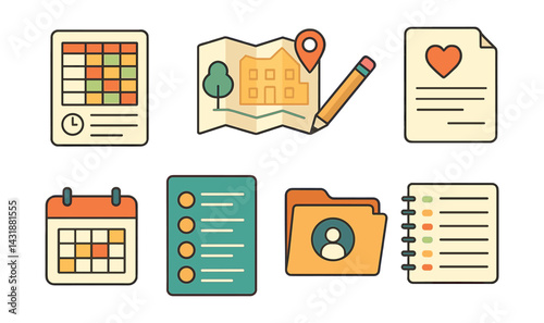 Comprehensive school orientation icon set featuring maps, schedules, and more. Vector icons
