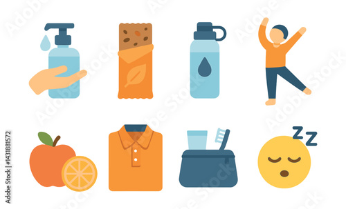 Healthy morning routine icons: essential elements for a balanced start (flat style). Vector icons
