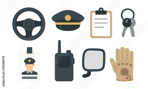 Essential bus driver icon set: steering, tools, and gear in . Vector icons