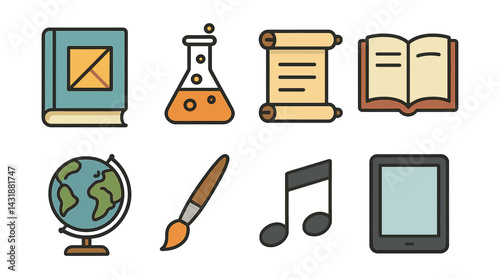 Colorful school subjects icons set: book, chemistry, history, geography & more. Vector icons