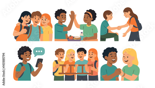 Middle school friendship icons set - celebrating bonds in a flat style collection. Vector icons