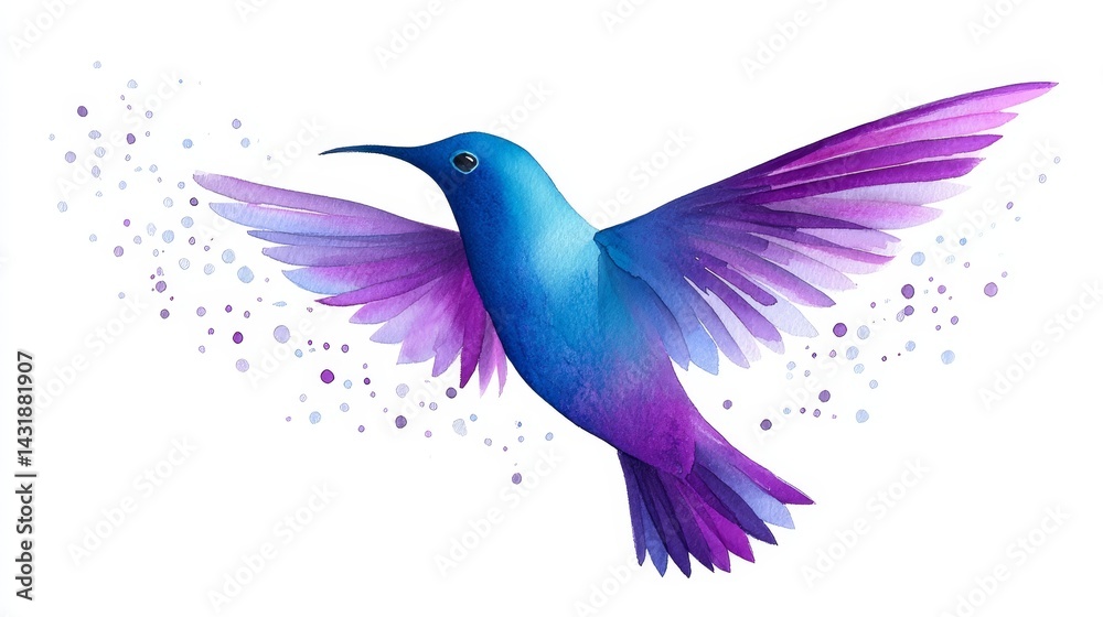 Obraz premium Vibrant Hummingbird in Flight - Watercolor painting of a hummingbird with purple and blue iridescent wings, in flight against a white background