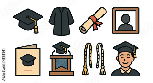 Graduation essentials icon set - : caps, gowns, diplomas, and more. Vector icons