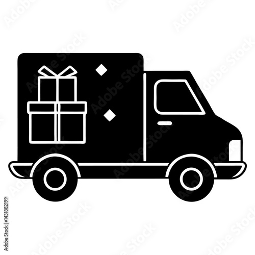 Cartoon delivery truck icon with a gift box, illustrating efficient freight transport and shipping