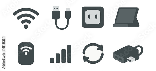 Connectivity essentials icon set: wifi, usb, charging, device sync in . Vector icons