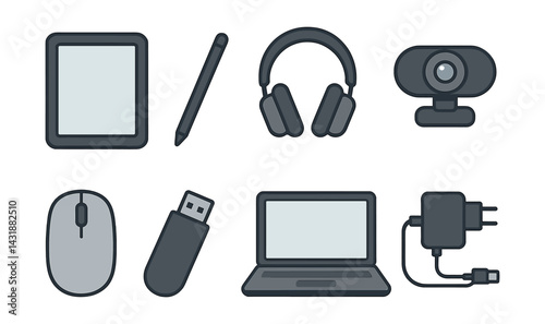 Digital school essentials icons set: flat style for online learning and remote education. Vector icons