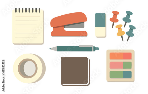 Minimalist desk essentials icon set: organization tools in flat style for productivity. Vector icons