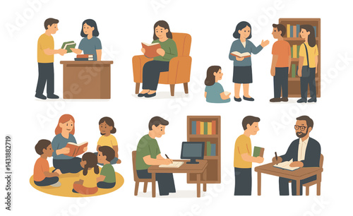 Comprehensive library activities icon set depicting reading and learning in flat design. Vector icons