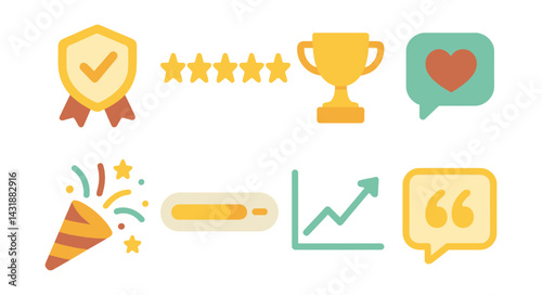 online achievement icons set: trophy, badge, heart, graph, celebration. Vector icons