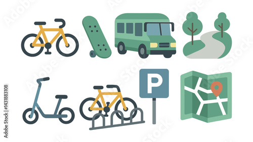 campus transport icons set: bicycle, bus, scooter, skateboard, map, parking. Vector icons
