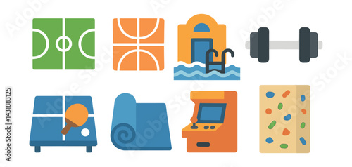 Campus recreation icons set: featuring sports, fitness, and leisure activities. Vector icons