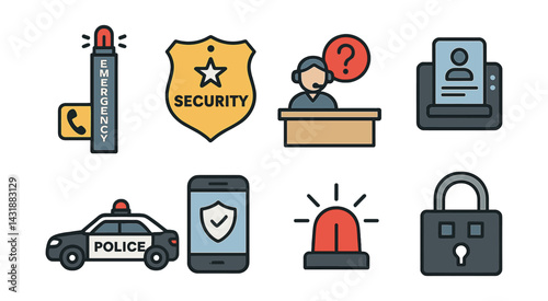 Campus safety icons set: emergency, security, police, and safety communication symbols. Vector icons