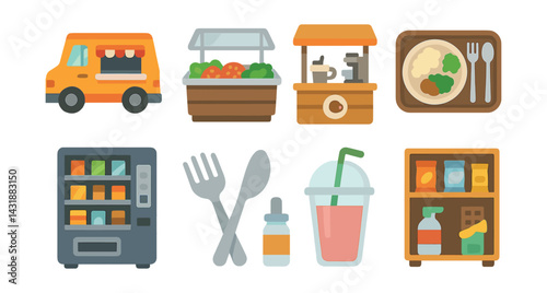 Campus dining icons set: vending machines, food trucks, and cafeteria food in flat style. Vector icons