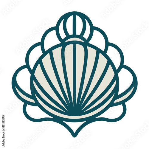 An elegant stylized seashell, a symbol of coastal serenity and ocean dreams, in a teal and cream color palette with bold outlines.