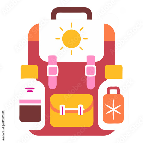 A cheerful backpack ready for a sunny adventure, filled with essentials for a carefree journey, depicted in a vibrant, flat style with bold colors.