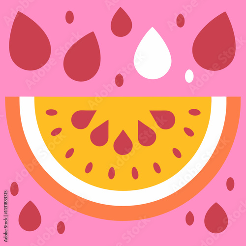A juicy watermelon slice bursts with summer sunshine, its vibrant red seeds scattered playfully against a cheerful pink backdrop, showcasing a bold, graphic style.