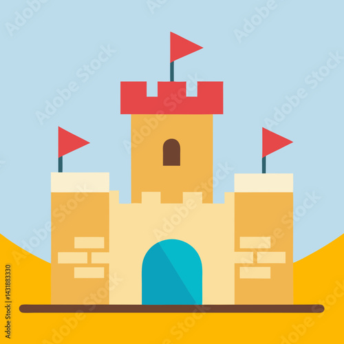 A majestic sandcastle, a symbol of childhood dreams and playful creativity, stands proudly on a sunny beach with a simple flat design and vibrant colors.