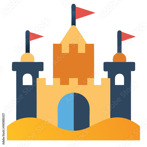 A majestic sandcastle, a symbol of childhood dreams and summer fun, proudly stands on a sunny beach with playful flags.