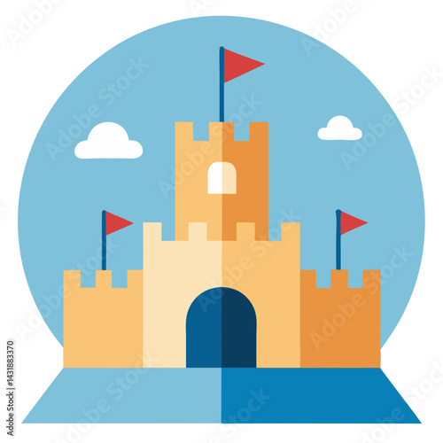 A majestic sandcastle stands proudly under a sunny sky, its tiny flags waving playfully in a gentle breeze, a symbol of childhood dreams and creative play in a vibrant, flat-design illustration.