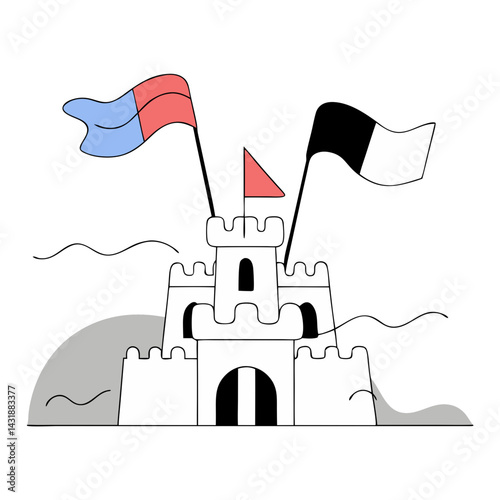 A majestic sandcastle proudly stands, its flags waving in the gentle breeze, a symbol of childhood dreams and summer fun with a minimalist line art style.
