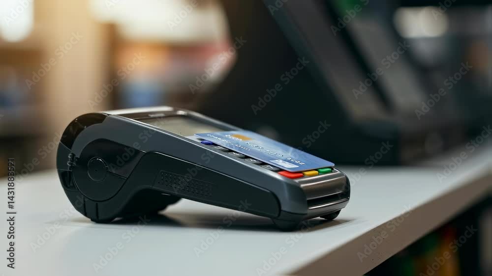 Close up of hand swiping credit card using payment terminal. Making cashless purchase with banking card on point of sale device animation. E commerce and financial transaction concept motion footage.
