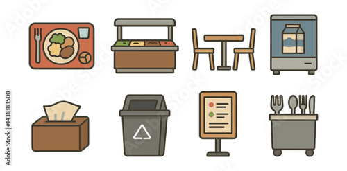 Cafeteria essentials icons set: food, furniture, and utilities. Vector icons