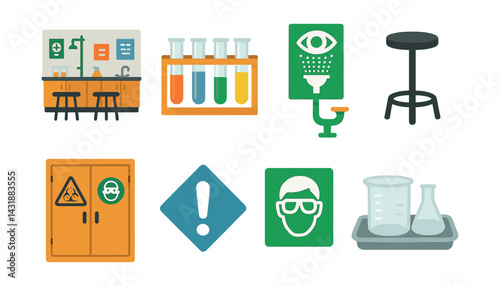 Essential science lab icons set: safety and equipment in flat style. Vector icons