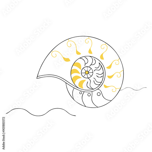 A sunlit nautilus shell resting on gentle waves, adorned with golden accents and swirling lines, a minimalist line art design.
