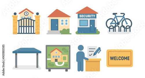 School entrance icons set: security, welcome, and facilities in flat style. Vector icons