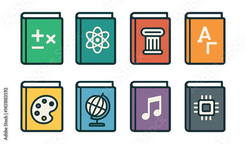 Colorful educational textbook icon set in . Vector icons