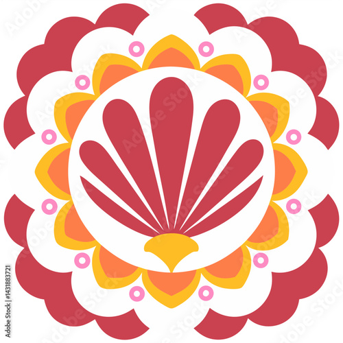 A vibrant, stylized seashell nestled within a joyful, blossoming mandala design with warm, bold colors.