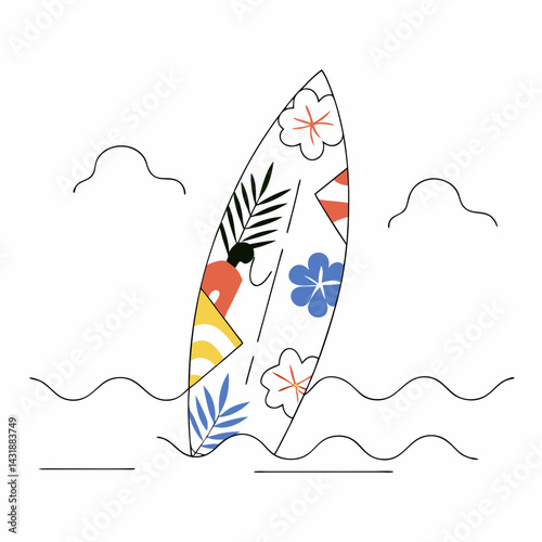 A vibrant surfboard adorned with tropical flowers and geometric patterns floats serenely on gentle waves, a summer daydream in minimalist line art.