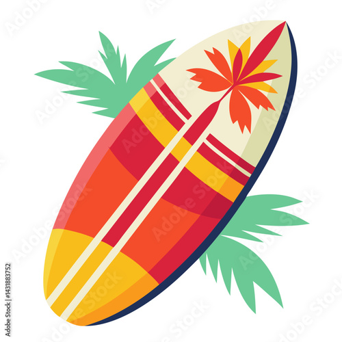 A vibrant surfboard adorned with a tropical flower design, ready for a sunny beach adventure, features bold colors and a playful style.