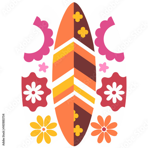 A vibrant surfboard adorned with retro flowers and bold geometric patterns, celebrating summer's carefree spirit with a bold color palette and simple graphic design.