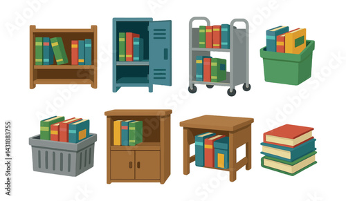 Textbook storage icons set - : shelves, lockers, baskets, and carts. Vector icons