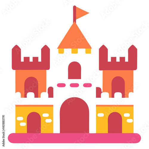 A whimsical fairytale castle, a child's dreamland of playful colors and simple shapes, in a vibrant, joyful palette.