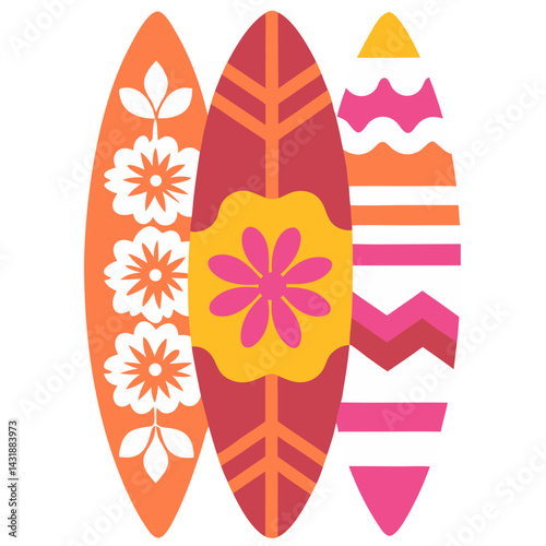 Three vibrant surfboards adorned with cheerful floral and geometric patterns, showcasing a summery beach vibe with bold colors and a playful design.