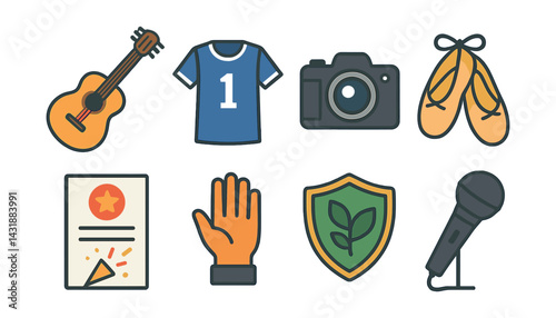 icons set: engaging extracurricular activities for creative development. Vector icons
